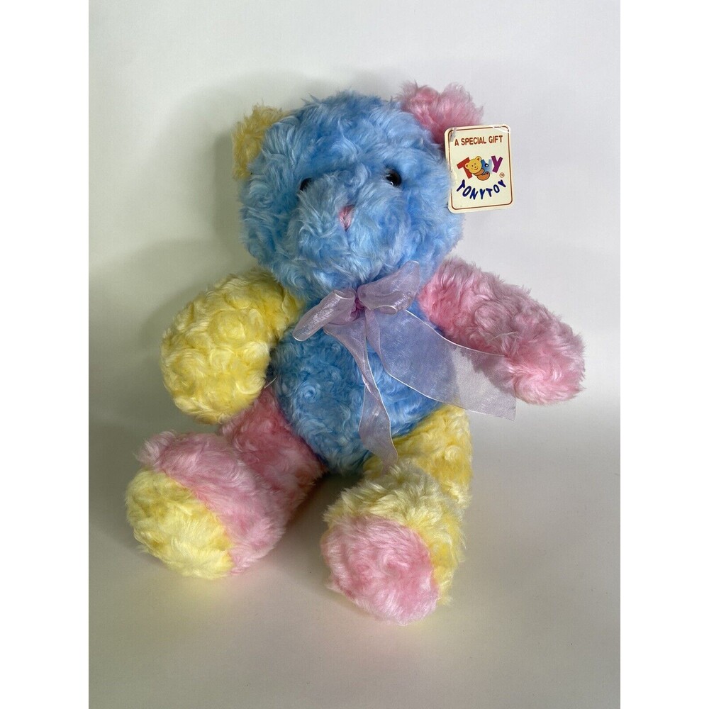 Tony Toy Multicolor Pastel Blue Pink Yellow Teddy Bear Plush Stuffed Animal VTG